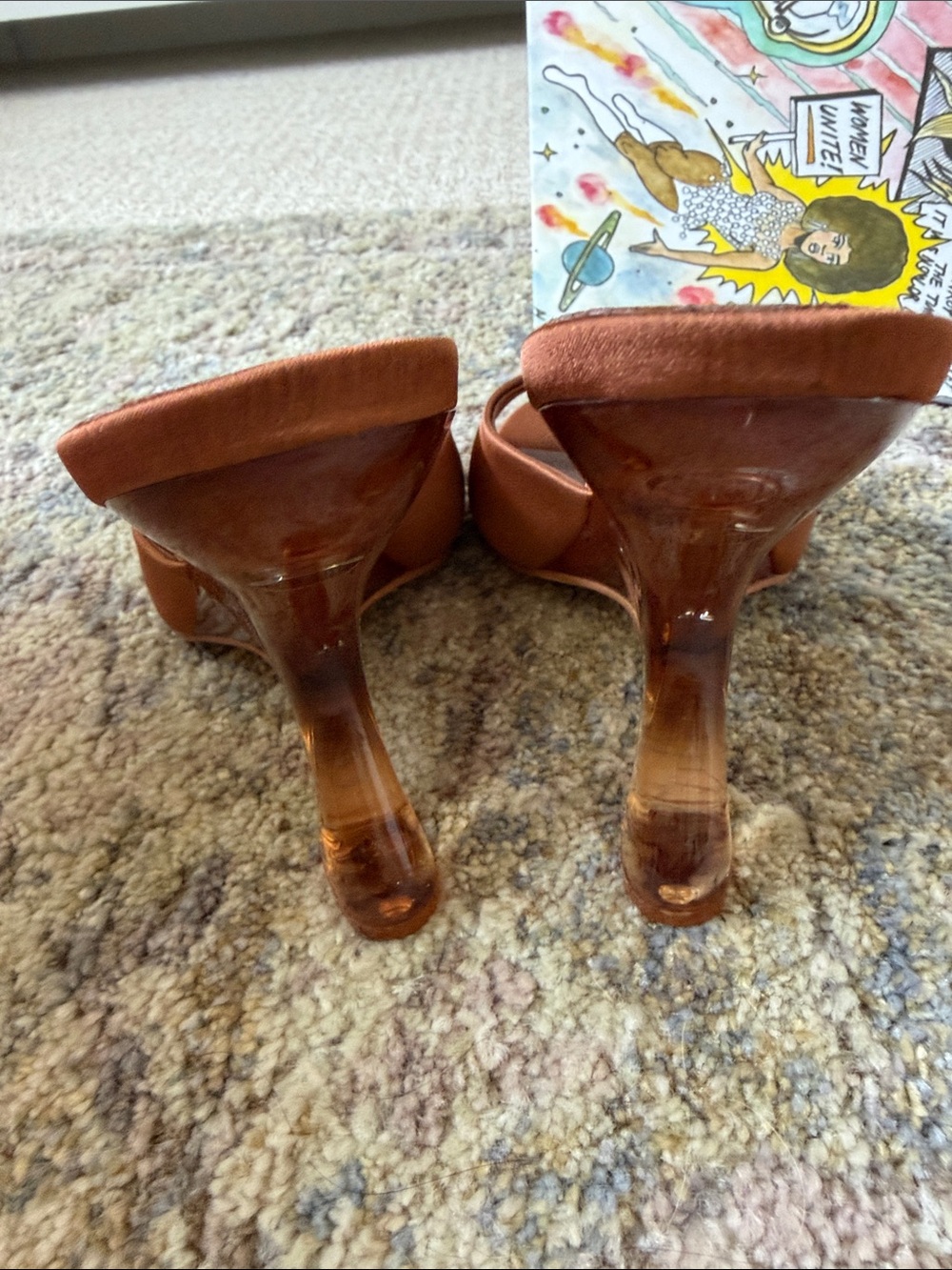 Jeffrey Campbell Brown Satin Slide Mules with Sculpted Clear Heel - Picture 5 of 9